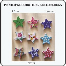 Buttons Wood Print Star - Assorted Colors 9/p/p