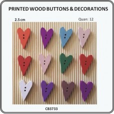 Buttons Wood Print Assorted - Long Heart Small12p/p