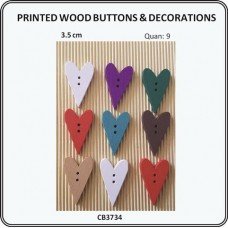 Buttons Wood Print Assorted - Long Heart Medium 9p/p